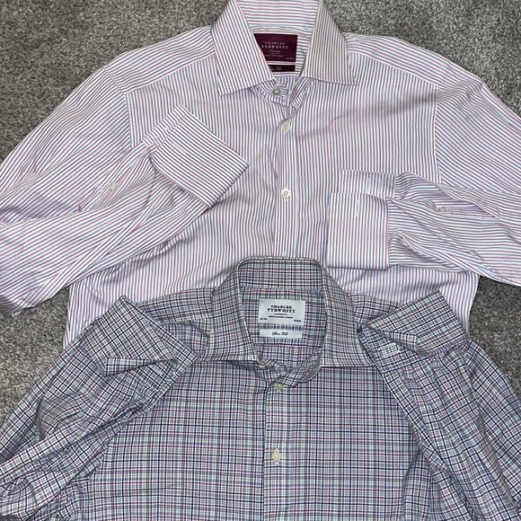 2-Charles Tyrwhitt Check Plaid & Stripe French Cuff Dress Shirt Red Gray Rainbow - Picture 2 of 6